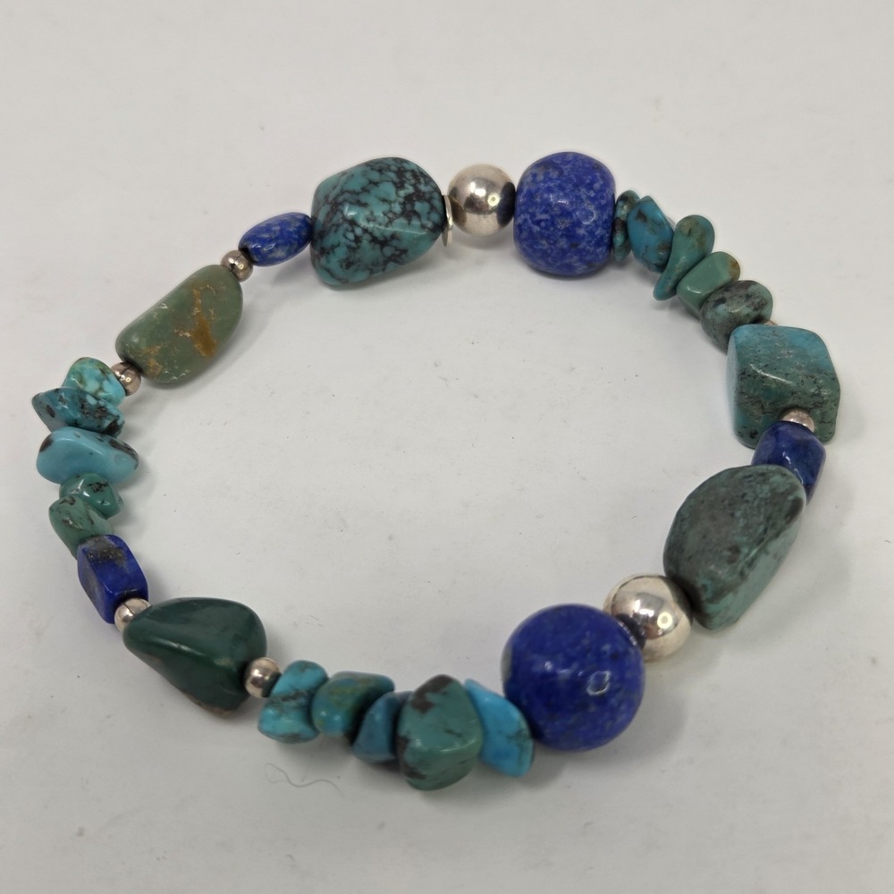 Shube Dakota West Chunky Turquoise Lapis Lazuli Sterling Silver Stretch Bracelet - Picture 2 of 8